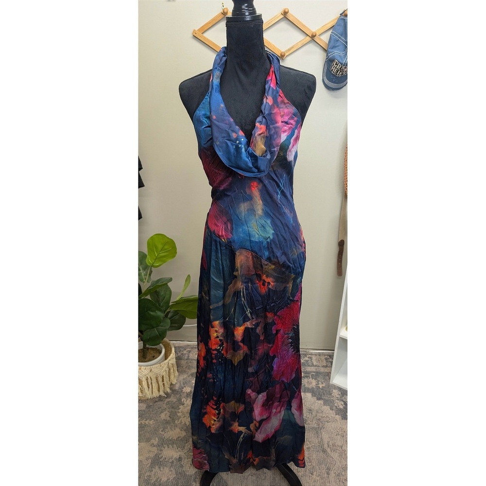 The Drop Dress Size S Slim Cowl Neck Maxi Dress Big Multi Floral Halter NEW - Picture 3 of 6